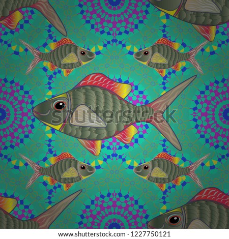 Sea tropical fishes. Fashionable template for design of clothes in violet, green and blue colors. Classical embroidery seamless pattern of tropical sea, fishes. Embroidery sea life vector collection.