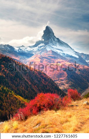 The fall slopes of the resort of Zarmatt are a local landmark and a bright beautiful landscape with the famous Matterhorn peak in autumn in Switzerland.