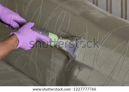 Closeup of upholstered Sofa chemical cleaning with professional extraction method. Royalty-Free Stock Photo #1227777766