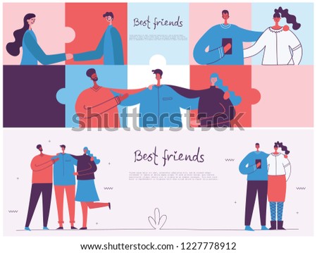 Vector banner with the group of happy fashion people - best friends in a flat style
