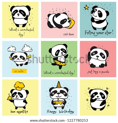 Big set of vector cards with cute pandas and funny quotes for kid's interiors, banners and posters.