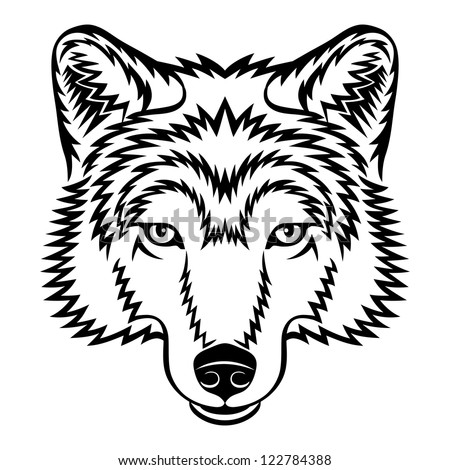 A Wolf head logo in black and white. This is vector illustration ideal for a mascot and tattoo or T-shirt graphic.