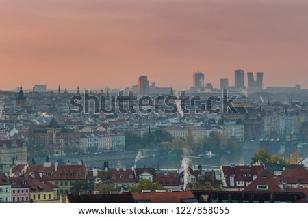 Sunrise panoramic view of the old city centre and downtown of Prague. View from the top 