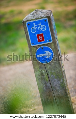 English cycle bike route sign (bicycle way) - cycle path sign, with number 6 on post