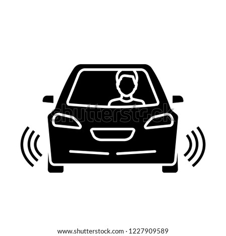 Autonomous car with partial automation glyph icon. Smart car with ultrasonic, odometry sensors signals. Auto with driver. Self driving automobile. Silhouette symbol. Vector isolated illustration
