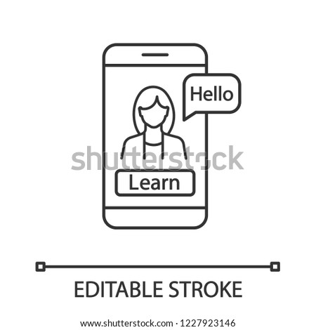 Foreign language learning app linear icon. Online language lessons. Thin line illustration. Speaking practice with app. Educational program. E-learning. Vector isolated drawing. Editable stroke