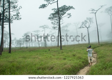 The man enjoying to take a photo in foggy forest