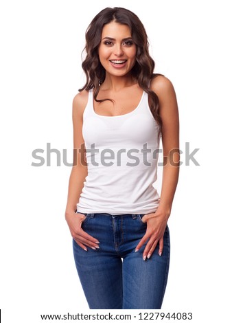 Beautiful girl in a t-shirt of white color. T-shirt template. She laughs and has fun  Royalty-Free Stock Photo #1227944083
