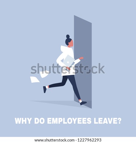 HR. Why do employees leave, brain drain problem. Young character running away from the office. Flat editable vector illustration, clip art