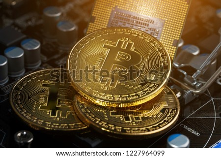 Golden Bitcoin Cryptocurrency on computer circuit board CPU. Macro shot.