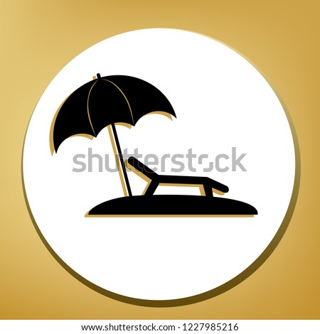 Tropical resort beach. Sunbed Chair sign. Vector. Black icon with light brown shadow in white circle with shaped ring at golden background.