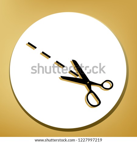 Scissors sign illustration. Vector. Black icon with light brown shadow in white circle with shaped ring at golden background.
