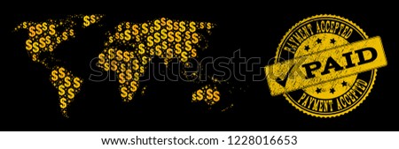 Golden composition of dollar mosaic map of world and paid unclean seal stamp. Vector watermark with unclean rubber texture and PAID message.