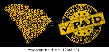 Golden combination of dollar mosaic map of South Carolina State and paid textured seal. Vector seal with corroded rubber texture and PAID message.