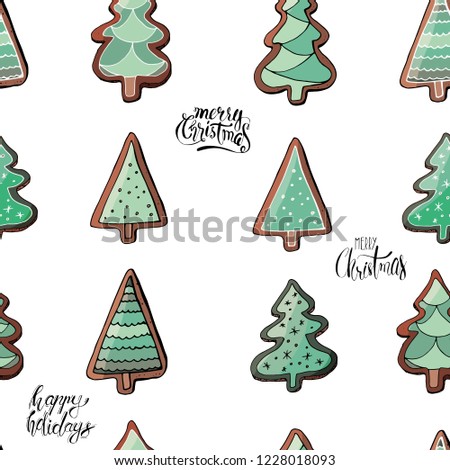 Stock vector endless pattern from green christmas tree gingerbreads with different ornaments. Isolated and hand drawn doodle festive background. Seamless texture for holiday design. New year.