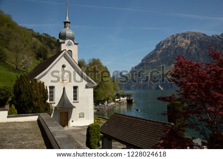 Church in Switzerland along the lake side with beautiful view 
