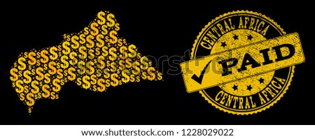 Golden combination of dollar mosaic map of Central African Republic and paid corroded seal. Vector imprint with corroded rubber texture and PAID caption.