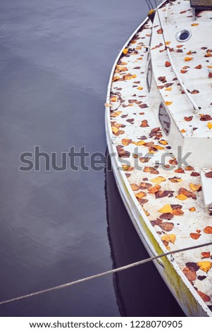 Old yacht covered with autumnal leaves, color toned picture.