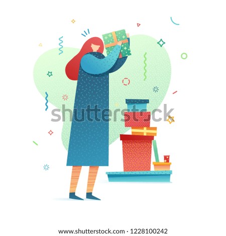 Design happy new year illustration young woman in dress wrapping presents. Cute flat female character for christmas banner  in a modern style. Happy holiday poster with gift. Vector