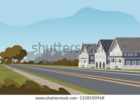 Vector illustration road along the inhabited city. Vector illustration of a cartoon road passing through a small populated town with townhouses. The concept of life outside the city