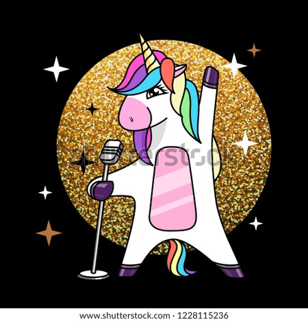 Vector illustration of fantasy animal horse unicorn singing in microphone . Flat style design