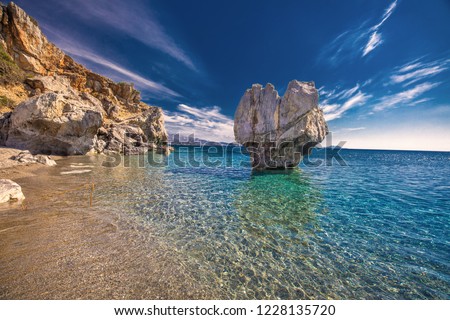 Preveli beach on Crete island with azure clear water, Greece, Europe. Crete is the largest and most populous of the Greek islands.  Royalty-Free Stock Photo #1228135720