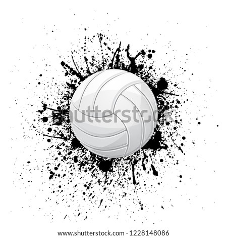 White outline volleyball symbol with ink blots isolated on white background