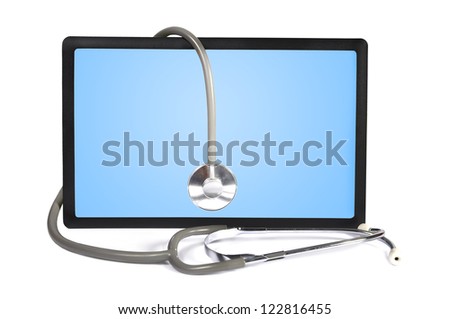 stethoscope and  touchpad on white background