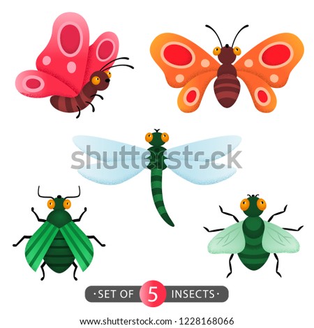Vector set of five cartoon cute insects: fly, beetle, dragonfly, butterflies whith grainy texture. 