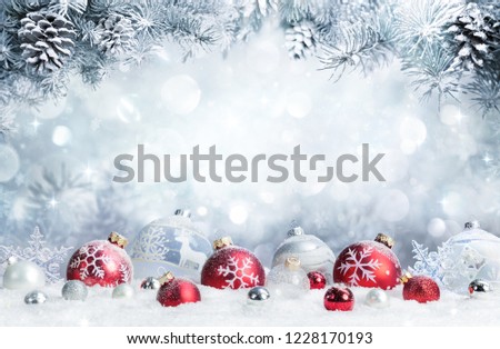 Merry Christmas - Baubles On Snow With Fir Branches
