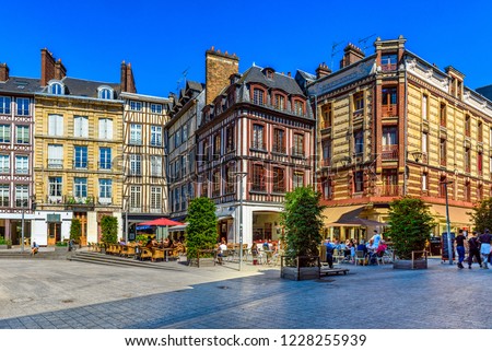 Cozy square with timber framing houses in Rouen, Normandy, France Royalty-Free Stock Photo #1228255939