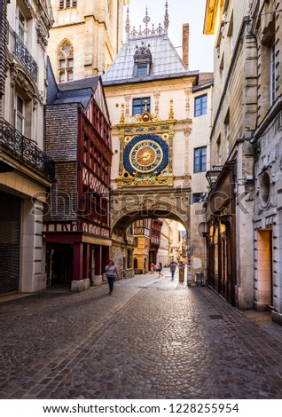 The Gros-Horloge (Great-Clock) is a fourteenth-century astronomical clock in Rouen, Normandy, France Royalty-Free Stock Photo #1228255954