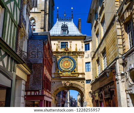 The Gros-Horloge (Great-Clock) is a fourteenth-century astronomical clock in Rouen, Normandy, France Royalty-Free Stock Photo #1228255957