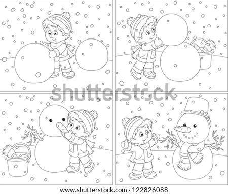 Small boy sculpting a funny snowman
