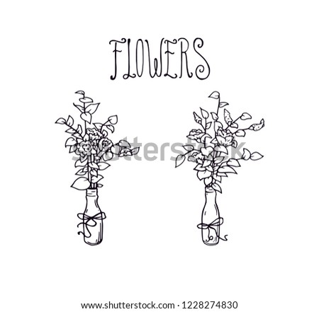 Flowers in a bottle black outline vector silhouette illustration and font letters title. Different flowers and leaves on a branch in a glass bottle set. Growing tree in a small cup with simple ribbon.