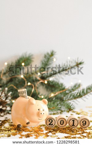 Funny piggy Bank with money symbol of new year 2019 on the background of fir branches decorated with lights and shiny stars. Chinese new year. copy space for text