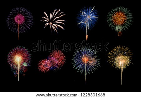 Colorful variety fireworks isolated on black background Royalty-Free Stock Photo #1228301668