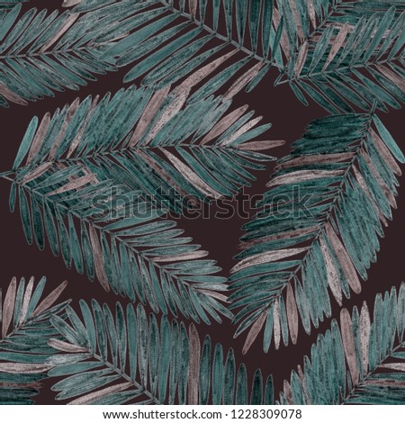 Creative seamless pattern with tropical leaves and flowers. Trendy texture with hand drawn exotic plants.
