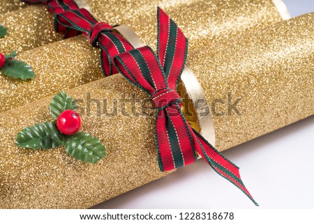 A close-up shot of traditional Christmas Crackers.