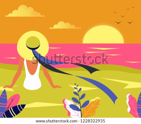 Young women in a hat looks at the sunset on the beach. View from the back. Vector flat illustration