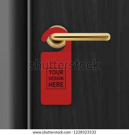 Vector realistic paper red door hanger on black realistic wooden door with metal gold handle background. Door hanger mockup. Design template for graphics. Full length door is in a clipping mask