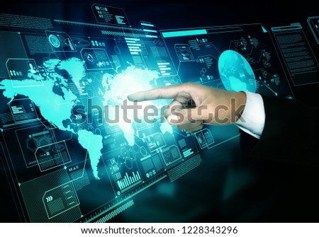 Businessman accessing a global worldwide business information on a virtual internet screen