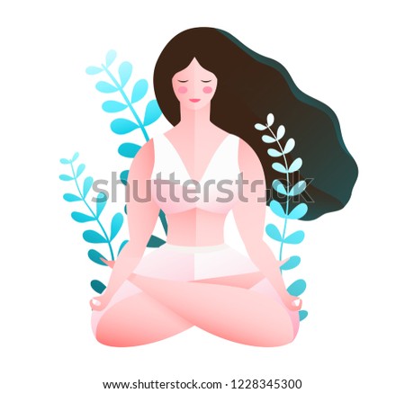 Young Woman Practice Yoga in Nature Flat Design. Girl Character sitting in lotus yoga pose outside with flowers isolated clip art.