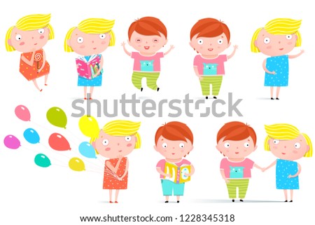 Kids Boy and Girl Isolated Clip Art Collection. Colorful childish character boy and girl graphics. Vector illustration.