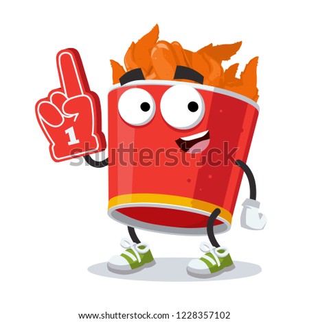 cartoon red paper bucket with fried chicken wings character mascot with the number 1 one sports fan hand glove on a white background