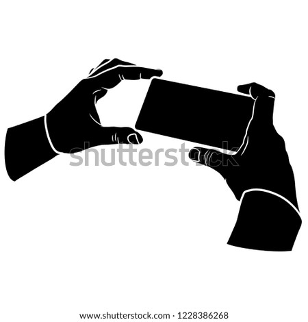 Isolated vector illustration. Two male hands holding a cell phone or taking a picture. Cartoon style. Black and white linear silhouette.