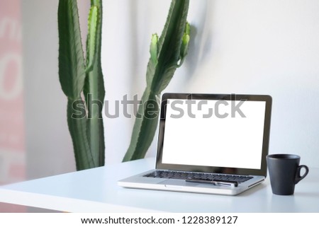Workplace mockup concept. Mock up home decor laptop computer and cactus with copy space for products display montage.Mockup desktop