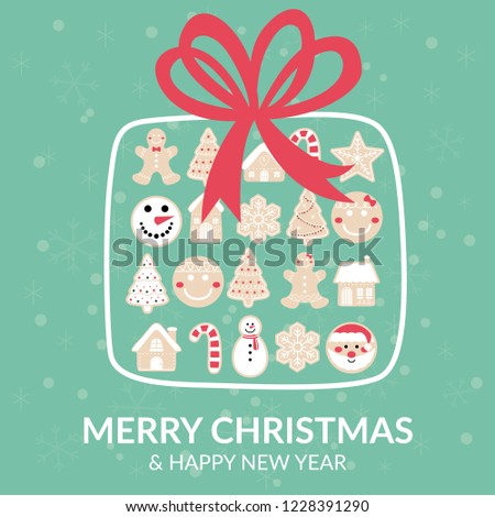 christmas greeting card,gingerbread gift box,holiday illustration