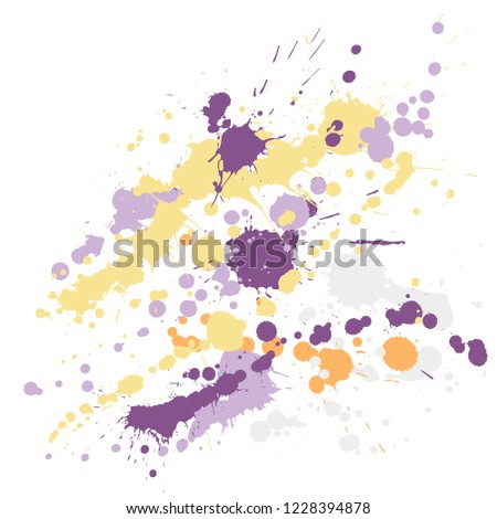 Ink stains grunge background vector. Colored ink splatter, spray blots, dirty spot elements, wall graffiti. Watercolor paint splashes pattern, smear fluid stains splatter backdrop.
