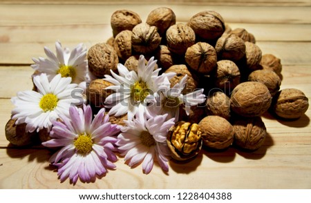 
Still life of walnuts and chrysanthemums close-up on a wooden table 